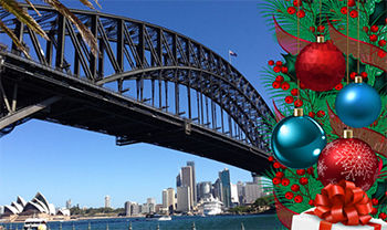 Sydney Harbour Bridge adorned with Christmas decorations